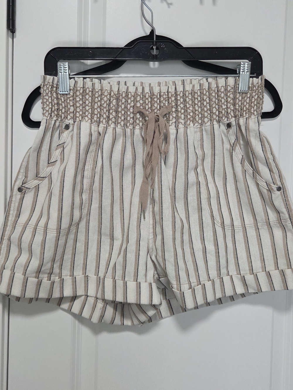 Ci Sono Cream & Tan Striped High-Waist Smocked Shorts
